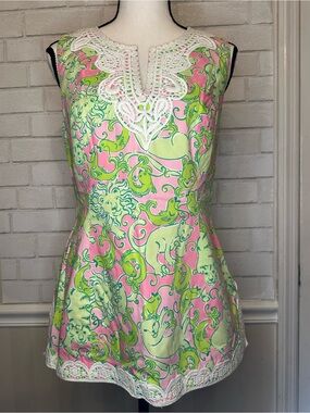 Lilly Pulitzer Vintage Tunic Top “Fried catfish” Lion pink green white Size 8